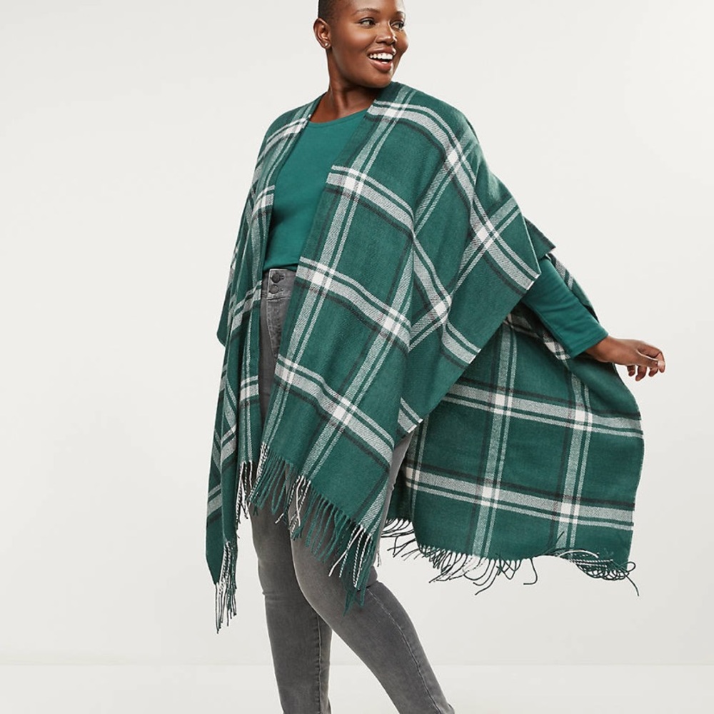 Lane Bryant-Green Plaid Wrap Poncho-OSFO